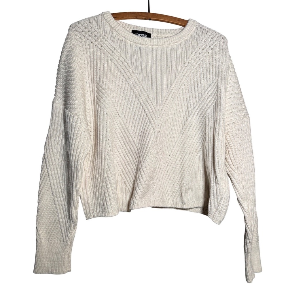 Express M Cropped‎ Womens Cream Ribbed Chevron Knit Sweater Wool Blend